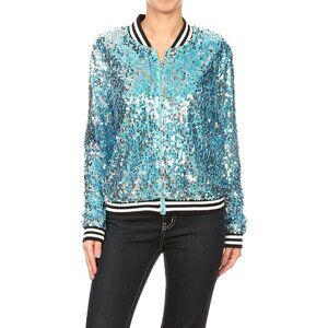 Brand New Women Blue Polyester Anna-Kaci Sequin Long Sleeve Front Zip Jacket Rib